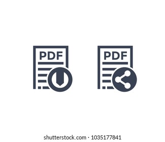 PDF document, download pdf file and share vector icons on white