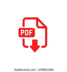 PDF document file format. Download and save icon. Web doc pictogram. Red vector illuatration on white background.