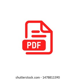 PDF document file format. Download and save icon. Web doc pictogram. Red vector illuatration on white background.