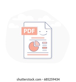 PDF document file icon illustration. Smiley document file in pdf format, doc with pie chart. Isolated outline cartoon vector in cute flat line style.