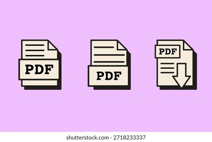 Iconos del archivo del documento del pdf con el símbolo de la Descarga en estilo retro del vaporwave. Iconos de formato de documento portátil para archivado, administración de archivos y espacio de trabajo de oficina digital. Ilustración vectorial.