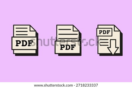 Pdf document file icons with download symbol in retro vaporwave style. Portable document format icons for archiving, file management, and digital office workspace. Vector illustration.