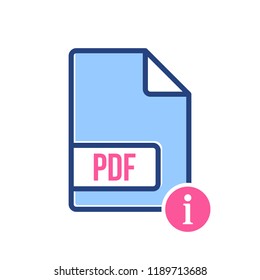 PDF document icon, pdf extension, file format icon with information sign. PDF document icon and about, faq, help, hint symbol. Vector