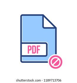 PDF document icon, pdf extension, file format icon with not allowed sign. PDF document icon and block, forbidden, prohibit symbol. Vector