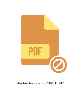 PDF document icon, pdf extension, file format icon with not allowed sign. PDF document icon and block, forbidden, prohibit symbol. Vector