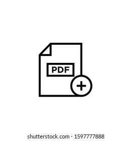 PDF document icon, pdf extension, file format icon with add sign in lineart style on white background, PDF document icon and new, plus, positive symbol. Vector