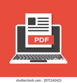 pdf document on laptop screen, online archive or electronic document management flat vector illustration