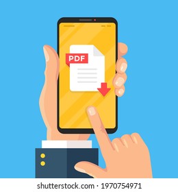 PDF document on mobile phone screen. Download PDF file concepts. Hand holds smartphone with document and download arrow. Modern flat design. Vector illustration