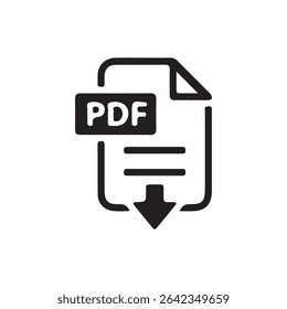 PDF Download Icon – Black Document Symbol with Down Arrow for File Format or Digital Download. Vector illustration 