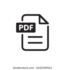 PDF Download Icon – Black Document Symbol with Down Arrow for File Format or Digital Download. Vector illustration 