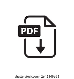 PDF Download Icon – Black Document Symbol with Down Arrow for File Format or Digital Download. Vector illustration 