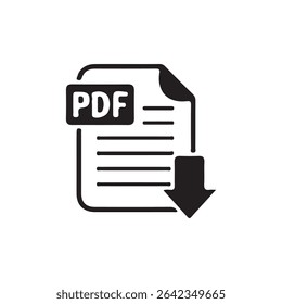 PDF Download Icon – Black Document Symbol with Down Arrow for File Format or Digital Download. Vector illustration 