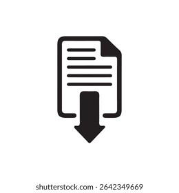 PDF Download Icon – Black Document Symbol with Down Arrow for File Format or Digital Download. Vector illustration 
