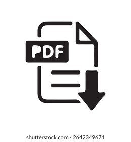 PDF Download Icon – Black Document Symbol with Down Arrow for File Format or Digital Download. Vector illustration 