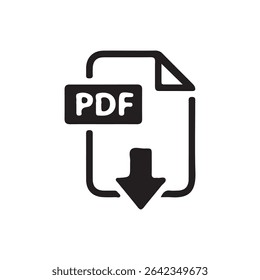 PDF Download Icon – Black Document Symbol with Down Arrow for File Format or Digital Download. Vector illustration 