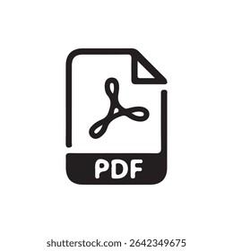 PDF Download Icon – Black Document Symbol with Down Arrow for File Format or Digital Download. Vector illustration 