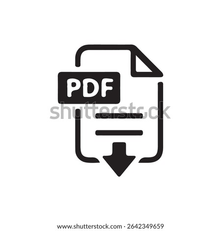 PDF Download Icon – Black Document Symbol with Down Arrow for File Format or Digital Download. Vector illustration 