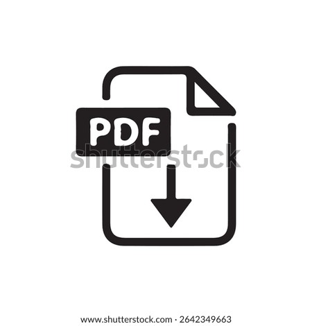PDF Download Icon – Black Document Symbol with Down Arrow for File Format or Digital Download. Vector illustration 