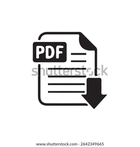 PDF Download Icon – Black Document Symbol with Down Arrow for File Format or Digital Download. Vector illustration 