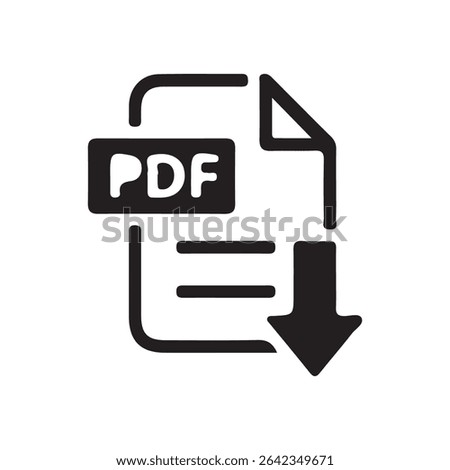 PDF Download Icon – Black Document Symbol with Down Arrow for File Format or Digital Download. Vector illustration 
