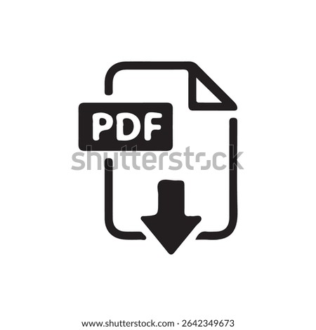 PDF Download Icon – Black Document Symbol with Down Arrow for File Format or Digital Download. Vector illustration 