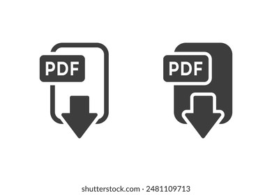 PDF herunterladenes Symbol auf weißem Hintergrund. Vektorgrafik isolierte PDF-Datei Symbolsatz. Informationen, Textdokument, Hochladen, Ordner, PDF-Datei, Privat, Buch, Hinweis. Datensatzkonzept. Vektorgrafik-Symbol in Zeile, schwarz