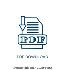 pdf download icon. Thin linear pdf download outline icon isolated on white background. Line vector pdf download sign, symbol for web and mobile