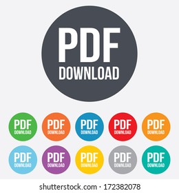 PDF download icon. Upload file button. Load symbol. Round colourful 11 buttons. Vector