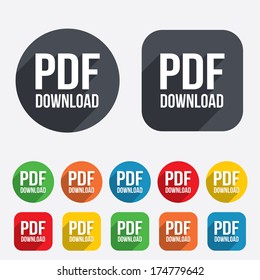 PDF download icon. Upload file button. Load symbol. Circles and rounded squares 12 buttons. Vector