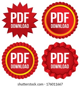 PDF download icon. Upload file button. Load symbol. Red stars stickers. Certificate emblem labels. Vector