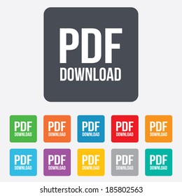 PDF download icon. Upload file button. Load symbol. Rounded squares 11 buttons. Vector