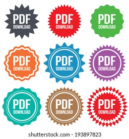 PDF download icon. Upload file button. Load symbol. Stars stickers. Certificate emblem labels. Vector