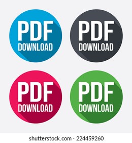 PDF download icon. Upload file button. Load symbol. Circle buttons with long shadow. 4 icons set. Vector