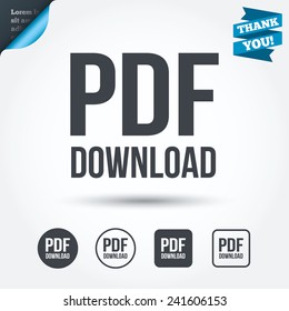 PDF download icon. Upload file button. Load symbol. Circle and square buttons. Flat design set. Thank you ribbon. Vector