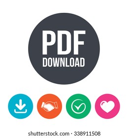 PDF download icon. Upload file button. Load symbol. Download arrow, handshake, tick and heart. Flat circle buttons.