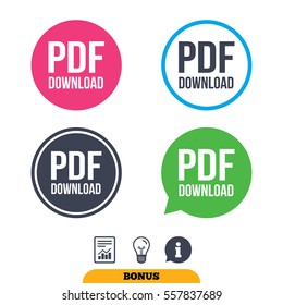 PDF download icon. Upload file button. Load symbol. Report document, information sign and light bulb icons. Vector