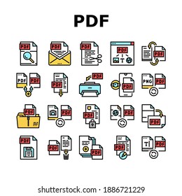 Pdf Electronic File Collection Icons Set Vector. Pdf-Dokumentformate schneiden und archivieren, verschließen und bearbeiten, herunterladen und speichern von linearen Piktogrammen. Farbtöne