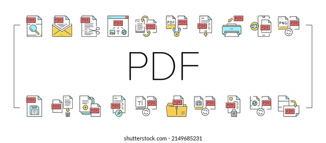 Pdf Electronic File Collection Symbole Set Vector. Pdf-Dokumentformate schneiden und archivieren, verschließen und bearbeiten, herunterladen und speichern von linearen Piktogrammen. Farbtöne