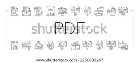 Pdf Electronic File Collection Icons Set Vector. Pdf Document Format Cut And Archiving, Locked And Editing, Download And Save Black Contour Illustrations