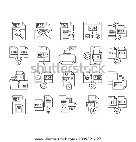 Pdf Electronic File Collection Icons Set Vector. Pdf Document Format Cut And Archiving, Locked And Editing, Download And Save Black Contour Illustrations