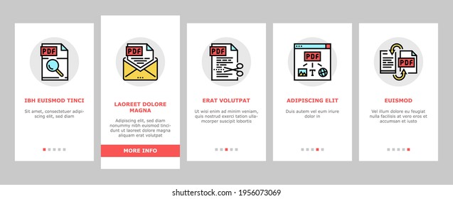 Pdf Electronic File Onboarding Mobile App Page Screen Vector. Pdf Document Format Cut And Archiving, Locked And Editing, Download And Save Illustrations