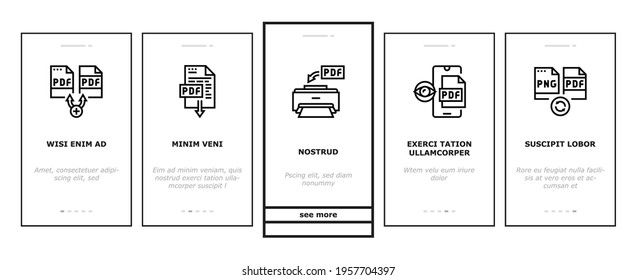 Pdf Electronic File Onboarding Mobile App Page Screen Vector. Pdf Document Format Cut And Archiving, Locked And Editing, Download And Save Illustrations