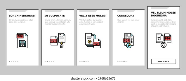 Pdf Electronic File Onboarding Mobile App Page Screen Vector. Pdf Document Format Cut And Archiving, Locked And Editing, Download And Save Illustrations