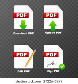 Iconos de acciones de archivo PDF establecidos para la gestión de documentos.Ilustración vectorial