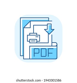 PDF file blue RGB color icon. Portable document format. Text formatting and images, multimedia elements. File extension. Graphics. Encryption and digital signatures. Isolated vector illustration
