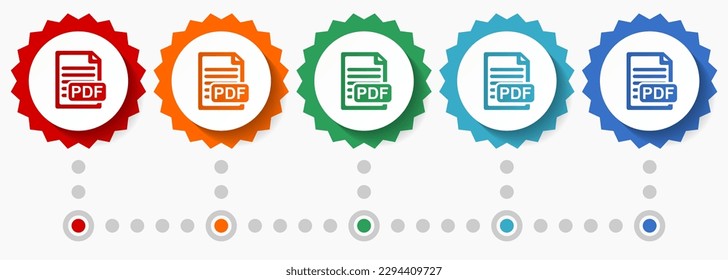 PDF file, digital document vector icon set, colorful infographic template, set of flat design badge icons in 5 color options