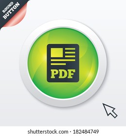 PDF file document icon. Download pdf button. PDF file symbol. Green shiny button. Modern UI website button with mouse cursor pointer. Vector
