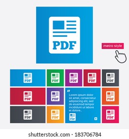 PDF file document icon. Download pdf button. PDF file symbol. Metro style buttons. Modern interface website buttons with hand cursor pointer. Vector