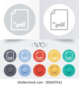 PDF file document icon. Download pdf button. PDF file extension symbol. Round 12 circle buttons. Shadow. Hand cursor pointer. Vector