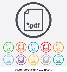 PDF file document icon. Download pdf button. PDF file extension symbol. Round circle buttons with frame. Vector